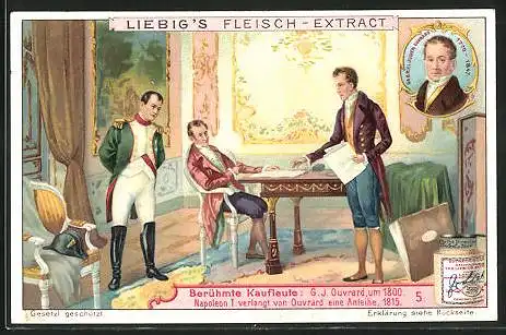 Sammelbild Liebig, Serie: Berühmte Kaufleute, Bild 5, G. J. Ouvrard mit Napoleon I. um 1800