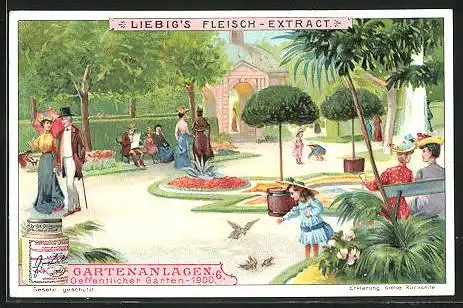 Sammelbild Liebig, Serie: Gartenanlagen, Bild 6, Öffentlicher Garten mit Passanten um 1900