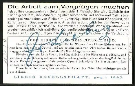 Sammelbild Liebig, Serie: Fabeln des Äsop, Bild 4, Der Hirsch und sein Spiegelbild