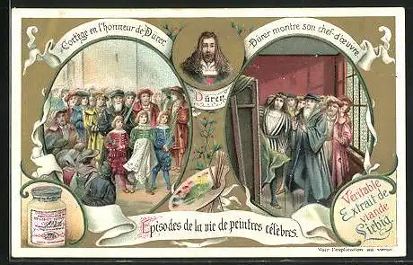 Sammelbild Liebig, Serie: Episodes de la vie de peintres célébres, Dürer montre son chef-d'oeuvre, Cortége en l'honneur