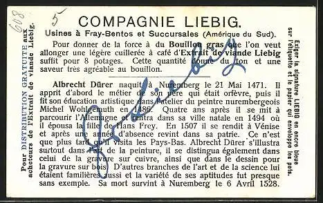 Sammelbild Liebig, Serie: Episodes de la vie de peintres célébres, Dürer montre son chef-d'oeuvre, Cortége en l'honneur