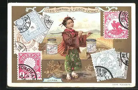 Sammelbild Liebig, Japan, Stadtansicht und Geisha im Kimono, Briefmarken