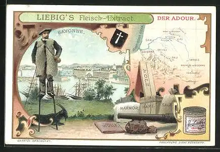 Sammelbild Liebig, Der Adour, Landkarte, Panorama von Bayonne
