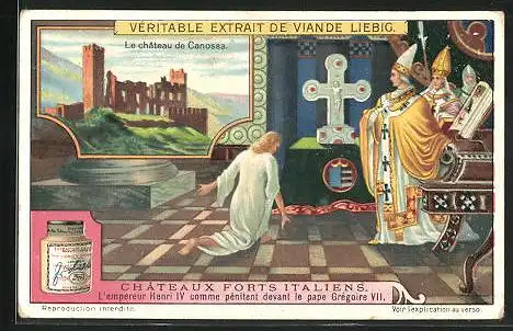 Sammelbild Liebig, Chateaux Forts Italiens, L`empereur Henri IV comme pénitent devant le pape Grégoire VII