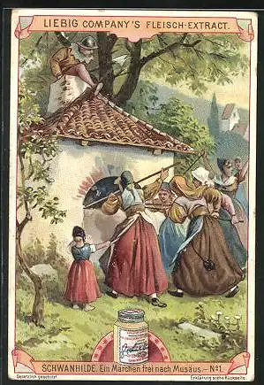 Sammelbild Liebig, Serie: Schwanhilde, Bild 1, ein Märchen frei nach Musäus, Frauen am Häuschen