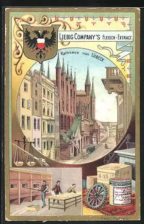 Sammelbild Liebig, Lübeck, Rathaus, Stadtwappen, Fabrik-Innenansicht