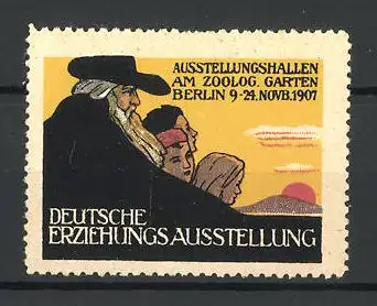 Reklamemarke Berlin, Deutsche Erziehungs-Ausstellung 1907, Familie blickt zum Sonnenaufgang