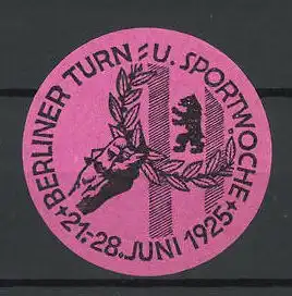 Reklamemarke Berlin, Turn- und Sportwoche 1925, Berliner Bär, Hand hält Siegerkranz