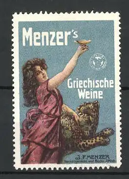 Reklamemarke Menzer's Griechische Weine, J. F. Menzer, Neckargemünd, Fräulein mit Weinglas und Leoparden