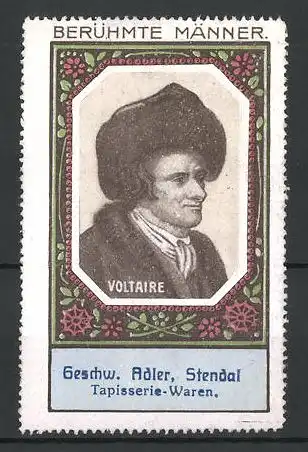 Reklamemarke Serie: Berühmte Männer, Portrait Voltaire, Tapisserie-Waren Geschw. Adler, Stendal