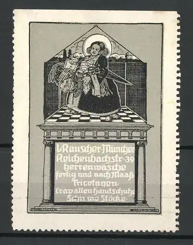 Künstler-Reklamemarke Franz Roth, Herrenwäsche von L. Rauscher, Reichenbachstr. 39, Münchner Kindl mit Kleid