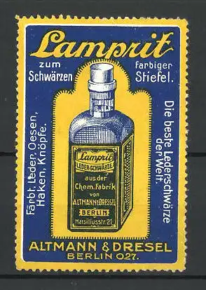 Reklamemarke Lamprit zum schwärzen farbiger Stiefel, Altmann & Dresel, Berlin, Flasche Leder-Schwärze