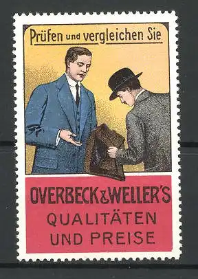 Reklamemarke Herrenkleidung von Overbeck & Weller, zwei Herren mit einem Jackett