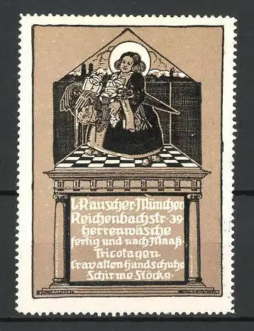 Künstler-Reklamemarke Franz Roth, Herrenwäsche von L. Rauscher, Reichenbachstr. 39, München, Münchner Kindl