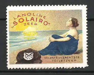 Reklamemarke Lanoline Solairo Zeep, Mildeste en Zachtste Toiletzeep, Frau bei Sonnenuntergang am Strand