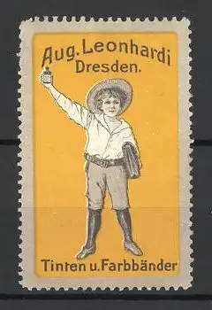Reklamemarke Tinten und Farbbänder von Aug. Leonhardi, Dresden, Schuljunge mit Tintenfass