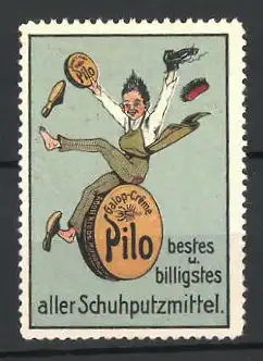 Reklamemarke Pilo Galopp-Creme ist bestes und billigstes aller Schuhputzmittel, Mann mit Schuhen und Dosen