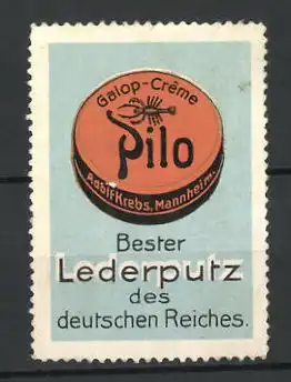 Reklamemarke Pilo bester Lederputz des deutschen Reiches, Adolf Krebs, Mannheim, Dose