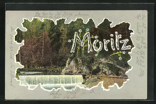 AK Glückwunsch zum Namenstag Moritz, Flusspartie im Walde