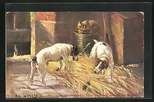 Künstler-AK Hunde jagen eine Ratte im Stall