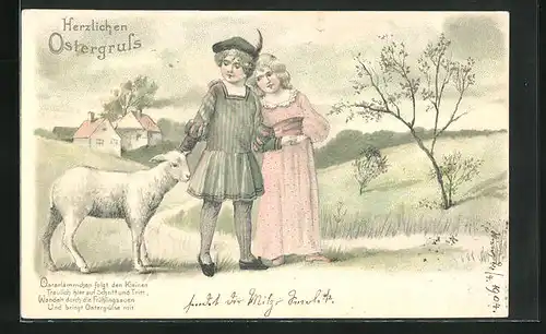 AK Ostergruss, Knabe mit Mädchen und Lämmchen auf einem Spaziergang