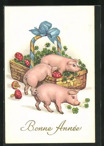 AK Bonne Année, Schweine und Fliegenpilze