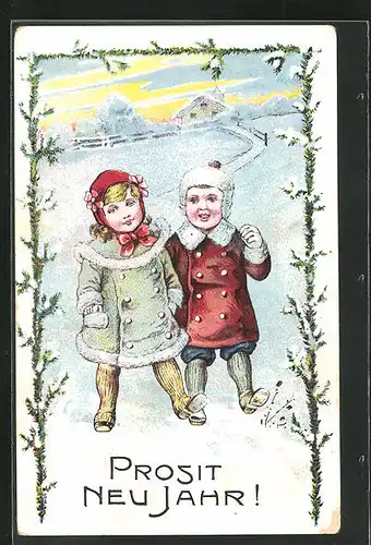 AK Kinder spazieren durch den Schnee am Neujahrsmorgen