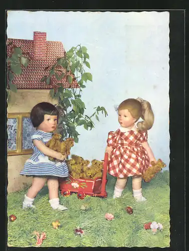 AK Käthe Kruse-Puppen mit Teddybären im Garten