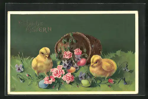 AK Ostergruss mit Korb und Rosen