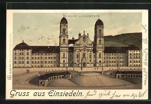 Lithographie Einsiedeln, Kirche und Kloster