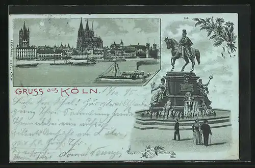 Mondschein-Lithographie Köln, Dampfer auf dem Rhein und Denkmal Wilhelm`s I.