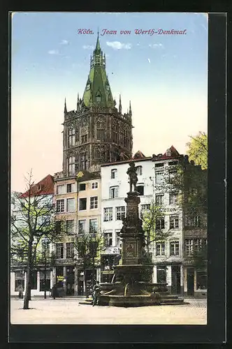 AK Köln, Alter Markt mit Stellen-Vermittler, Geschäft und Jean von Werth-Denkmal