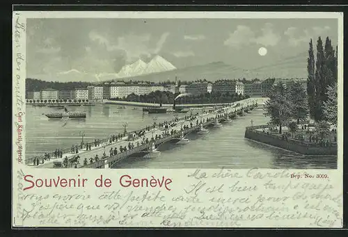 Mondschein-Lithographie Genève, Teilansicht mit Brücke