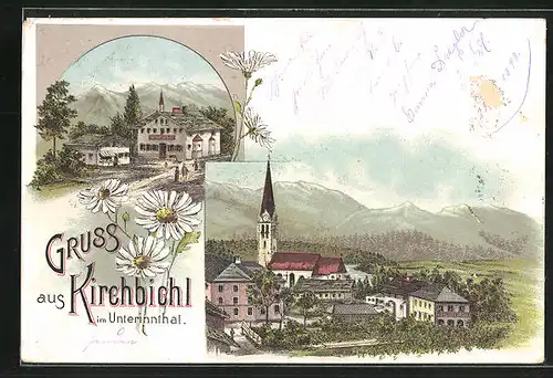 Lithographie Kirchbichl im Unterinnthal, Gasthaus, Ortspartie mit Kirche