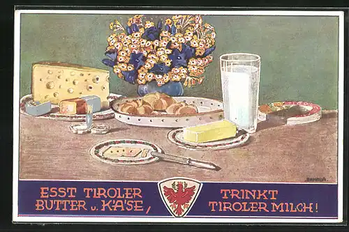 Künstler-AK Innsbruck, Tiroler Landeskulturrat, Wilhelm-Greil-Strasse 9, Reklame für Tiroler Butter und Käse
