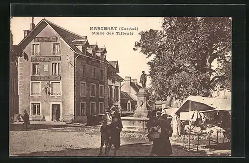 AK Marcenat, Place des Tilleuls, Grand Hotel des Voyageurs J. Dumont