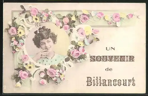 AK Billancourt, Jeune Fille, Les Fleurs, Souvenir de Billancourt