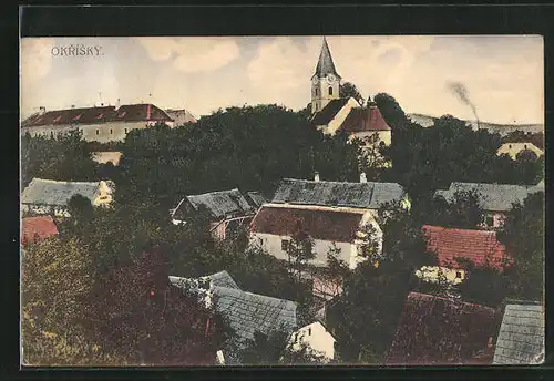 AK Okrisky, Ortsansicht mit Blick auf die Kirche