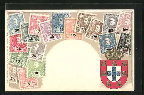Präge-AK Briefmarken und Wappen von Portugal