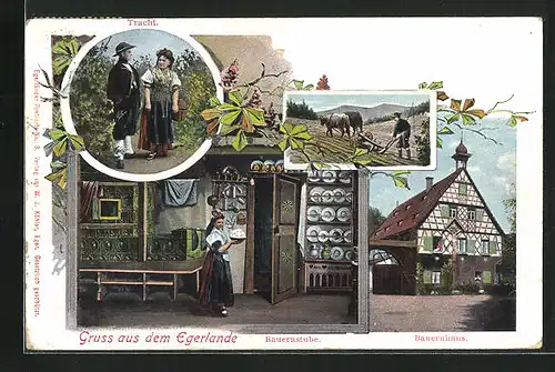 AK Paar in Tracht der Sudeten, Bauernstube, Bauernhaus, Bauer auf dem Feld, Gruss aus dem Egerlande