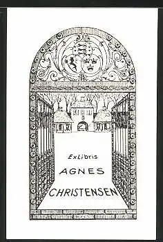Exlibris von Knud H. Schneller für Agnes Christensen, Tor zu einem Schloss-Gelände
