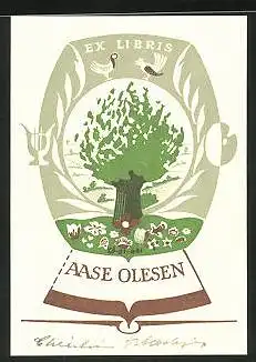 Exlibris Aase Olesen, Baum auf einer Blumenwiese