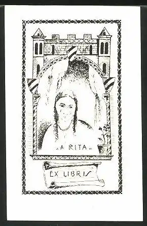 Exlibris A. Rita, Frauen-Portrait & Burgtor mit Wappen
