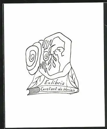 Exlibris Constant de Horion, Figur mit grossen Armen kommt aus Buch empor