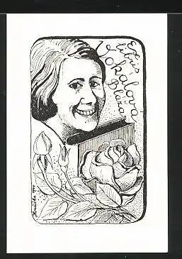 Exlibris von Horcicka für Vokalova Blaza, Frauen-Portrait & Blumenblüten