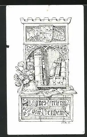 Exlibris von J.T. Meier für Agnes Freifrau von Berchem, Bücherregal, Wappen und Blumenvase