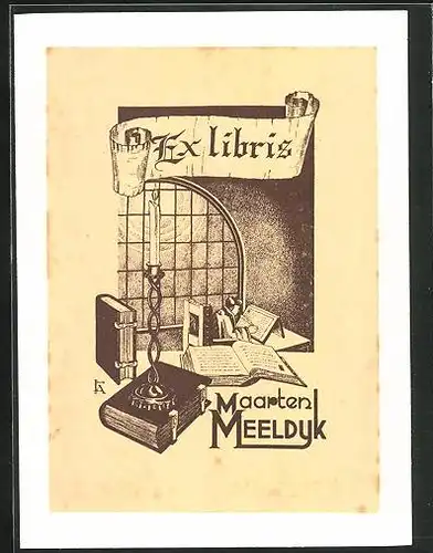 Exlibris Maarten Meelduk, Gelehrter macht Aufzeichnungen in seinem Aebeitszimmer