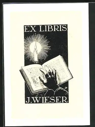 Exlibris J. Wieser, offenes Buch im Kerzenschein