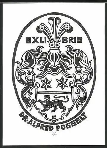 Exlibris Dr. Alfred Posselt, Wappen mit Ritterhelm