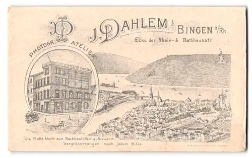 Fotografie J. Dahlem, Bingen, Ansicht Bingen /Rhein, Totalansicht, Photo-Atelier J. Dahlem, Rhein- & Rathhausstrasse